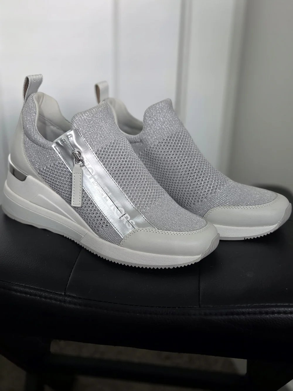 Micharl Kors Slip-On Knit Platform Sneakers in Silver